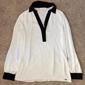 Calvin Klein Black and White V-Neck Contrast Blouse